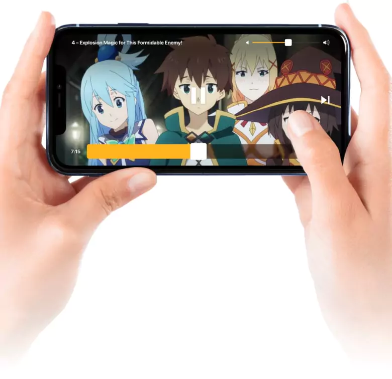 iPhone held in hands showing video player