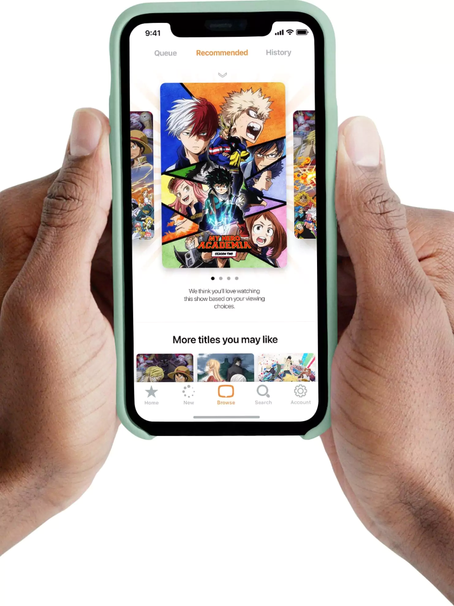 iPhone held by two hands viewing recommendation screen