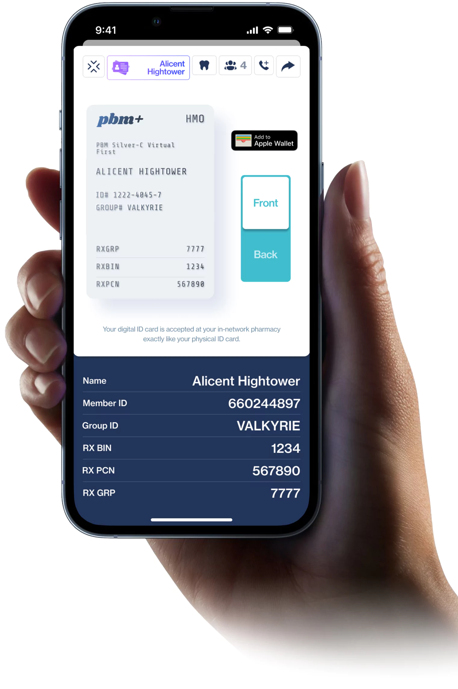 Image of a hand holding iPhone mockup of digital ID.
