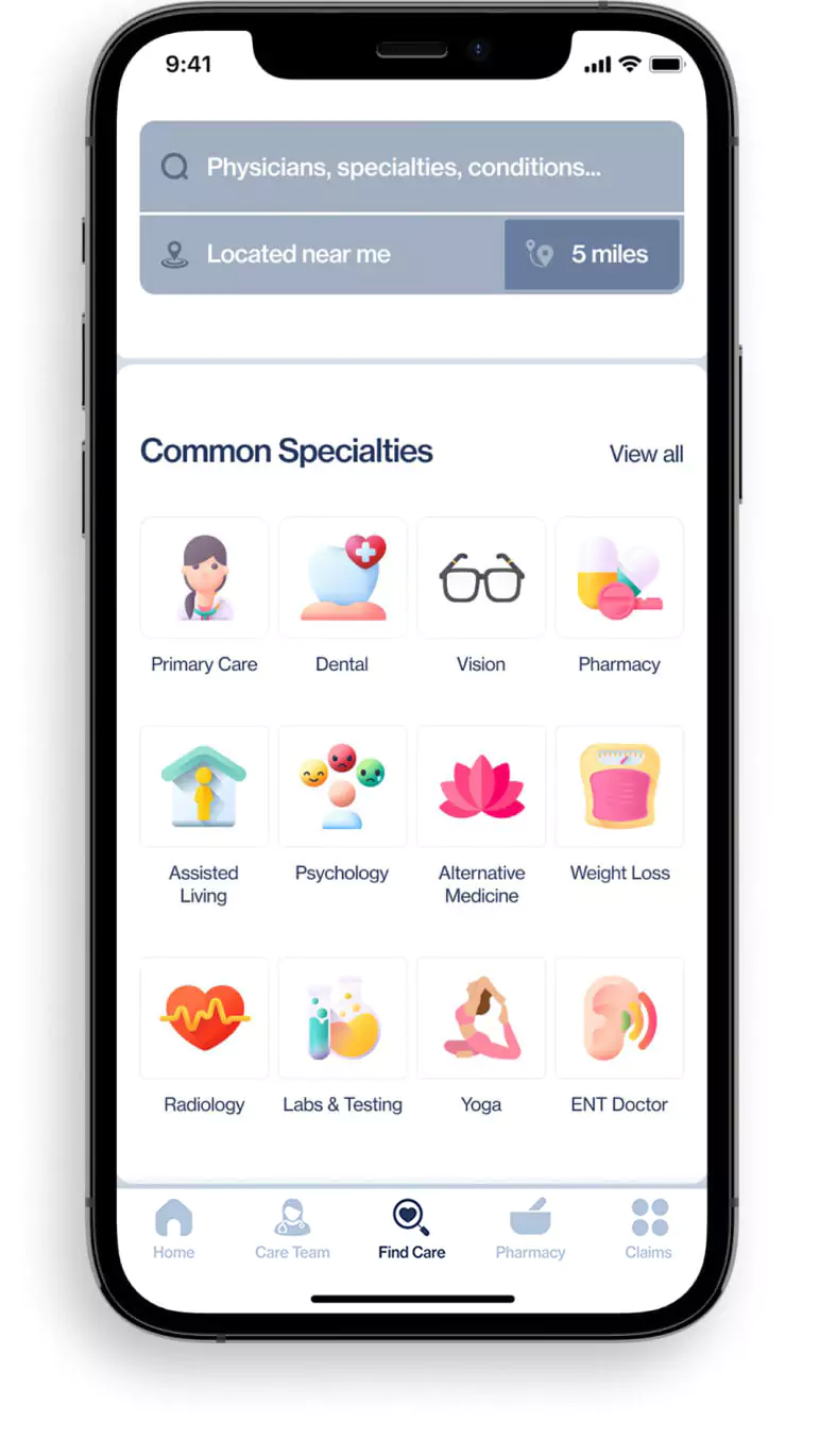 iPhone mockup for find care screen.