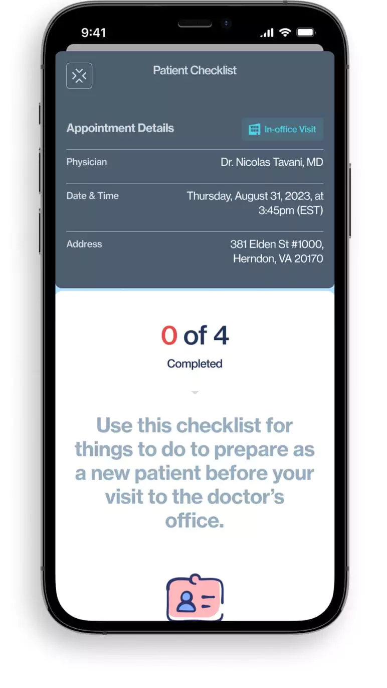 iPhone mockup for patient checklist screen.